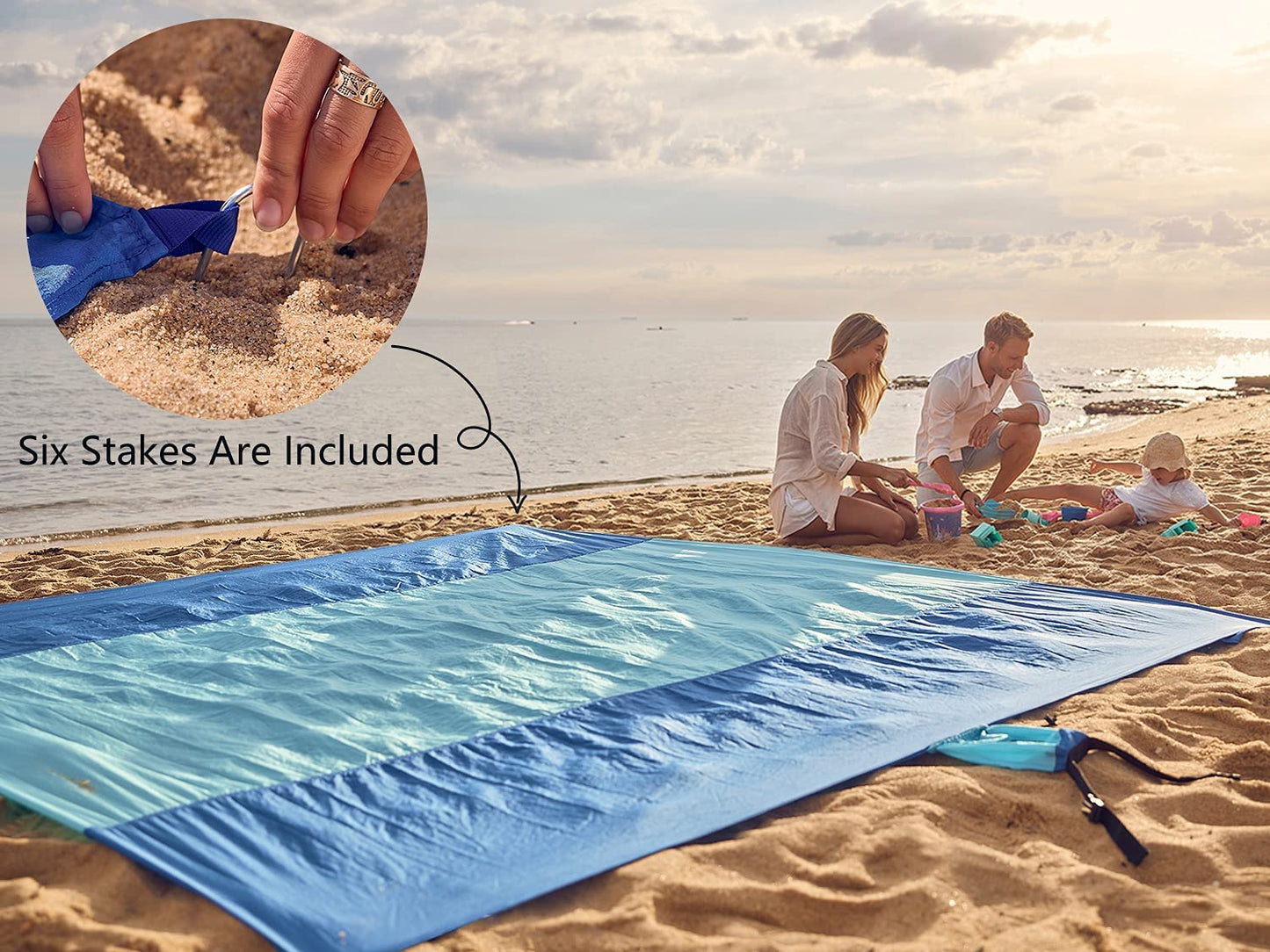 Beach Blanket Sandproof, Extra Large Beach Mat, Big & Compact Sand Free Mat Quick Drying, Lightweight & Durable with 6 Stakes & 4 Corner Pockets