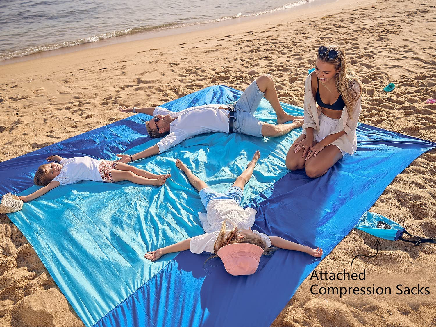 Beach Blanket Sandproof, Extra Large Beach Mat, Big & Compact Sand Free Mat Quick Drying, Lightweight & Durable with 6 Stakes & 4 Corner Pockets